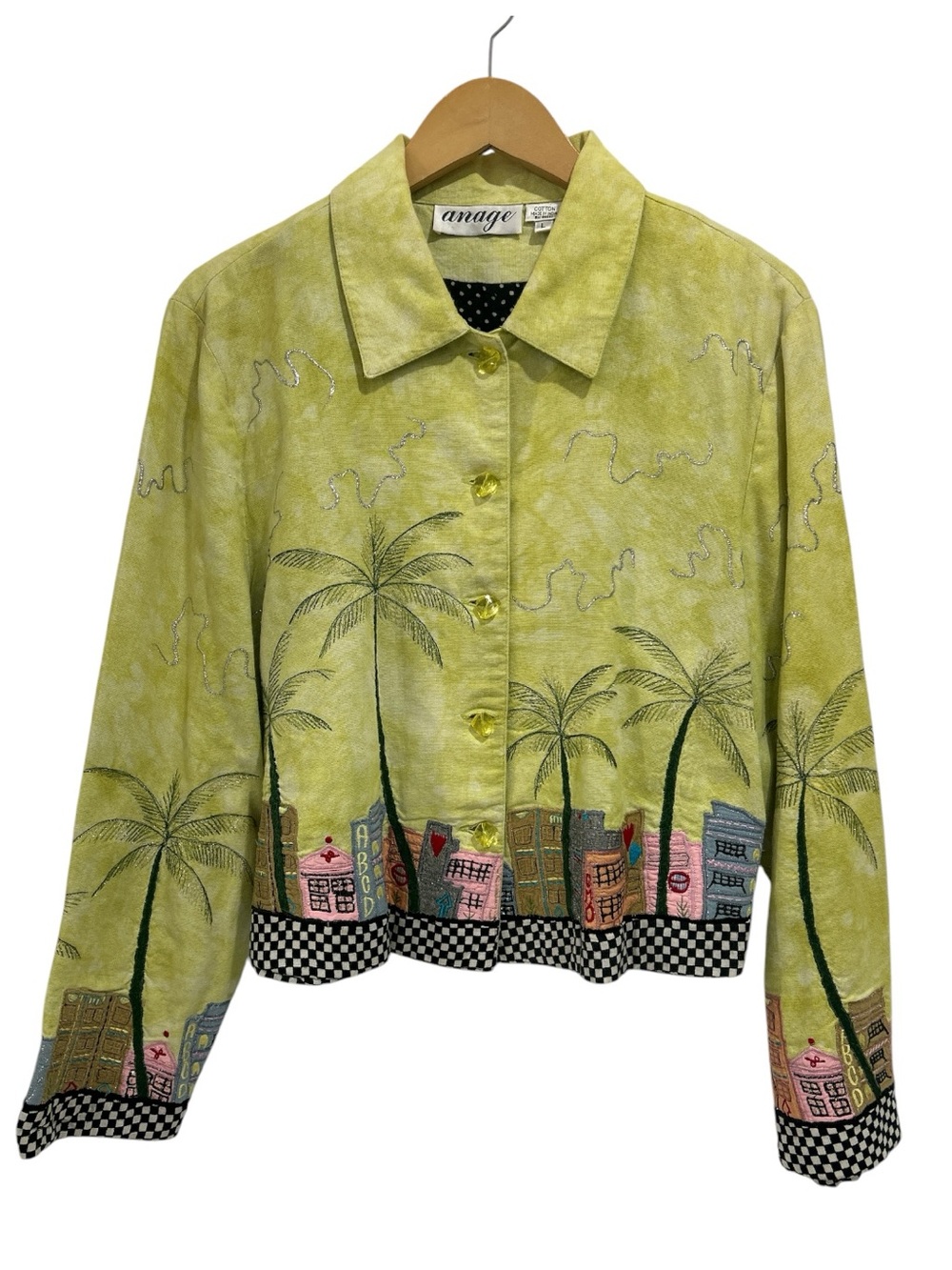 Vintage Tropical City Palm Trees Lime Green Embroidered Cotton Jacket - L